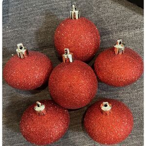 Lot of 6 Vintage Red Molded‎ Plastic Glitter Covered Christmas Ornaments